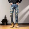 Men's Jeans Speckled Embroidered Horse High Elastic Loose Hole 3D Worn Zipper Bleached Slim Fit Straight Leg Pants Flaps Winter2