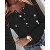 Women's Blouses Vintage Ladies V-neck Button Slim Tops Fall Women Long Sleeve Solid Bodycon Pullover Casual Patchwork Bottom Undershirt