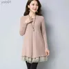 Women's Sweaters Fall/Winter 2023 Women's Lace Stitching Sweater Dress Solid Color Loose Long-Sled Tops Pullovers Long Fe Knit SweatersL231122