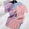 Women's casual dresses turn down collar color block short sleve bodycon tunic knitted short dress sexy vestidos