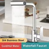 Torneiras de cozinha Torneira cascata de aço inoxidável para pulverizador de fluxo Torneira montada no misturador de água fria Torneiras de pia de lavagem 4 modos