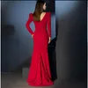 Women Dark Red Evening Dresses Long Elegant A Line Double V Neck Ruffles Satin Formal Party Dress Long Sleeve Prom Dress