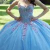 Skly Blaues Ballkleid-Abschlussballkleid, Quinceanera-Kleid, Schatz-Applikation mit Perlen, 3D-Blumen, Tüll, formelle Kleider, 15-Zoll-Kleid