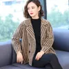 Women's Fur Houndstooth Checkered Plaid Coat Fluffy Jacket 2023 Luxury Designer Black And White Check Overcoat Female