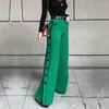 Pantalon Femme Lemongor 2023 Printemps Automne Femelle Élégant Jambe Large H-Line Couleur Unie Mode Bouton Vert Taille Haute Pantalon Pour Femmes