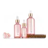 Rosa Glas-Parfümflaschen für ätherische Öle, Pipetten-Augentropfflasche mit goldenem Verschluss und weißem Gummideckel Junjj