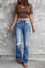 Jeans femininos casuais de cintura alta retro azul de alta estiramento fino sino-bottoms senhoras