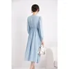 Casual Dresses Elegant Pure Silk Dress for Women V-Neck Puff Sleeve Elastic Flätat rep midje Bodycon Solid Mulberry