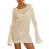 Casual Dresses Women Crochet Hollow Out Mini Summer Beach Boho Long Sleeve See Throug Bikini Cover-up Sexy Backless Knitted Dress