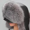 Trapper Hats Genuine Silver Fox Fur Hat with Ear Flaps Real Natural Caps for Russian Women Bomber Cap Leather Top 231122