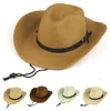 Breda breim hattar hink män sommar cowboy stickad halm hatt mode stor case strand sol solskyddsmedel block uv skydd läder bälte spänne cap w1 230421