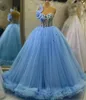 2023 avril Aso Ebi Crystals de perles Quinceanera robes Sky Blue Sheer Neck Ball Ball Tulle Prom Party Fête Pageant Robes d'anniversaire Robe ZJ0240