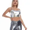 Damestanks dames natte look paal dansen glanzende metalen vest crop top clubkleding spaghetti riemen camisole holografische mouwloze t-shirts