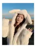 Women's Fur Ears Cute Hooded Imitation Lamb Wool Coat Female 2023Winter Add Cotton Padded Warm Soft Waxy Fluffy Cotton-padded Jacket