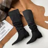 Bottes Femmes genou bottes hautes dame sans lacet Simple plissé daim hiver Botas grande circonférence printemps automne femme bottes extensibles 231122