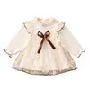 Girl Dresses Kids Girls Fall Casual Long Sleeve Dress Crew Neck Flower Print Tulle Patchwork A-line