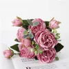 1 bukett Big Head och 4 knopp billiga falska blommor för hembröllopsdekoration Rose Pink Silk Peony Artificial Flowers Y06303294