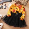 Robes de fille enfant en bas âge filles Halloween à manches longues enfants dessin animé imprime tulle bleu dentelle fleur robe rouge et