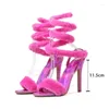 Sandaler 2023 Ins Furry Fur For Women Sexig fotled Super High Heels Gladiator Kvinna Pary Prom Thin Heel Shoes