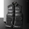 Men's Vests 2024 Winter Warm PU Leather Vest Thick Stand Collar Stitching Large Pocket Waistcoat