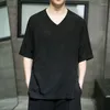 Men's T Shirts Style Retro Chinese Ice Silk V-Neck Short Sleeve Summer Five-Sleeve Hanfu Plus Size Thin Top Men Clothing Black Tee