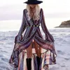 Vestidos casuais verão cotágecore vestido floral estampado sexy split splia de manga longa embrulhada durete boho hippie chic vestidos 2023 roupas de praia