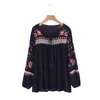Damen Blusen Shirts Frühling Herbst Mode Ethnisch V-Ausschnitt Viskose Blumenstickerei Bluse Damen Langarm Pullover Tops 230421