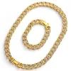 Oorbellen Ketting Hip Hop Mannen Goud Kleur Kettingen Braclete Combo Uitgezet Cubaanse Jewerly Crystal Miami Chain For231y