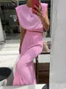 Dwuczęściowa sukienka bclout eleganckie różowe zestawy spódnicy 2 sztuki damskie stroje sprężynowe z rękawów z drewna bluzki czarne elastyczne talia długie spódnice Suits 230422