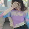 T-shirts pour femmes Tie Dye Mesh Top Chemise à manches longues Femmes Esthétique Summer Sky Print Tshirt Frill Crop Tee Violet Vintage Mode Coréenne