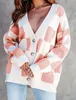 2024 moda donna casual cardigan allentati maglia maglioni Mujer casual Jacquard rosa verde contrasto colore con scollo a V giacca a maniche lunghe cappotti