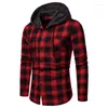 Men's Casual Shirts Mens Plaid Hooded Shirt Long Sleeve Button Down Fleece Hoodie