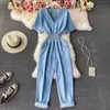 Damen Jumpsuits Strampler Mode Lose Lässig Frühling Herbst Damen Denim Overall Werkzeug Kurzarm Hohe Taille Abnehmen Elegante Hose V-Ausschnitt 230422