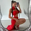 Robes de travail Sexy Rouge Floral Appliques Halter Top Et Ruché Maxi Jupes Deux Pièces Ensembles 2023 D'été Femmes Anniversaire Club Robe De Fête