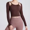 Camisas ativas femininas outono inverno sutiã de peito fixo yoga manga longa plissado esportes tophollow out ombro correndo roupas de fitness