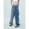 Damesjeans Zomer Vintage Contrasterende kleuren Trekkoord Mode Hoge taille Gescheurde dweilbroek Straat Baggy Denim broek met wijde pijpen