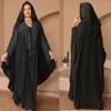 Etniska kläder muslimska kaftan huva abaya klänning för kvinnor dubai turkiska rhinestone chiffon djellaba elegant lös boubou pärlor afrika