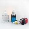 Frascos de perfume de óleo essencial de vidro quadrado pipeta conta-gotas frasco 30ml em gradiente azul vermelho e transparente (logotipo impressão uv a partir de kmgr