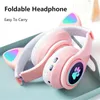 Schattige kattenoor Bluetooth -hoofdtelefoon LED -licht Flash Stereo opvouwbare draadloze headsets met microfoon TF FM voor kinderen Kid Girl Gifts