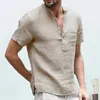 Mäns T-shirts Summer Men's Linen T-shirt Casual V-Neck-knapp ner T-shirts Slim Fit Cotton Linen Kort ärm Basic Top 230421