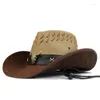 Basker retro oxhuvud läderband kvinnor män pu rulla upp breda brim sombrero sun cap strand cowboy cowgirl western hatt just