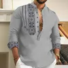 Men's Casual Shirts Autumn Spring Men Ethnic Printing Long Sleeve Button-Down Loose Henley Stand Neck Shirt Blouse Tops For Man Male