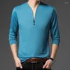 Camisas masculinas primavera e outono manga longa camiseta ajuste moda casual decote em v botão sólido high street pulôver bottom tops