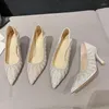 Elbise ayakkabıları 2023 bling gümüş örgü yüksek topuklu dantel sivri düğün gelin peri tarzı ince topuk seksi