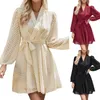 Robes décontractées Début d'automne Robe à volants pour femmes Longue Cardigan Lâche Femme Manches V Col Solide Tricot Cravate Taille avec ceinture Robes