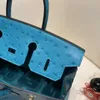 Desigenr Bags Ostrich Handbags Leather 5a Genuine Handswen Handmade Luxury Wax Wrapped South Blue Button with High Logo Wa7o