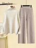 Womens Two Piece Pants Autumn and Winter Warm Set Elegant Turtle Neck Sticked Loose Sweater Wool 4XL 231121