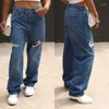 Jeans da donna Stock 2023 Europa e Stati Uniti Pantaloni dritti a gamba larga lavati con foro largo Lavaggio blu scuro
