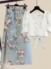 Donnette da due pezzi Donne Summer Sweet Pink Stamping Gonnette a due pezzi Set corean Bandeve Bandeve Floral Top e Side Slip Retro Denim Set 230422