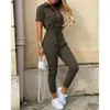 Women's Jumpsuits Rompers Loose Ladies Black Casual Jumpsuit Short Sleeve Lapel Summer Lace Up Belt Casual Jumpsuit Trousers Ladies Workwear Streetwear 230422